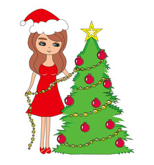 beautiful girl decorates the Christmas tree