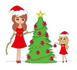 mother and daughter decorate the Christmas tree together