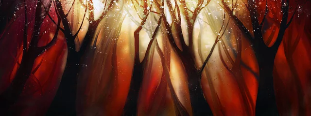 Gardinen Braun Zeichnung eines dunklen Waldes auf einem Hintergrund aus rotem und weißem Licht  © foldyart1980