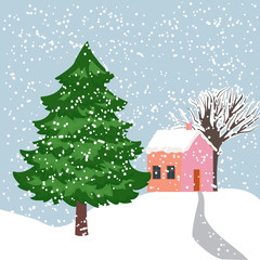 Naklejka premium Vector illustration of a snow covered village with a large beautiful fir tree in the foreground