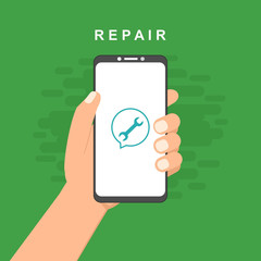 Repair mobile phone. Vector illustration, flat design.electronics. Desk with tools for service. Broken smartphone.