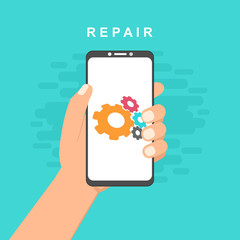 Repair mobile phone. Vector illustration, flat design.electronics. Desk with tools for service. Broken smartphone.