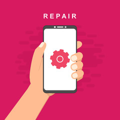 Repair mobile phone. Vector illustration, flat design.electronics. Desk with tools for service. Broken smartphone.