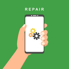 Modern Repairing of mobile phone. Realistic modern mobile phone on background. Vector illustration. Can be used for workflow layout template, banner, marketing, infographics.
