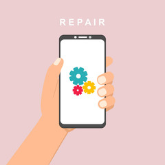 Modern Repairing of mobile phone. Realistic modern mobile phone on background. Vector illustration. Can be used for workflow layout template, banner, marketing, infographics.