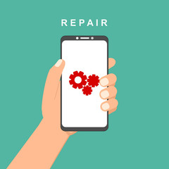 Modern Repairing of mobile phone. Realistic modern mobile phone on background. Vector illustration. Can be used for workflow layout template, banner, marketing, infographics.