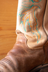 Cowboy boots on red barn board