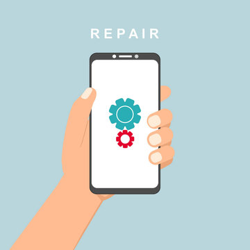 Modern Repairing of mobile phone. Realistic modern mobile phone on background. Vector illustration. Can be used for workflow layout template, banner, marketing, infographics.