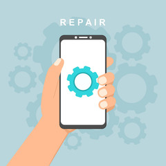 Phone repair with workers and equipment.easy to use and highly customizable. Modern vector illustration concept, isolated on colored background.