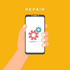 Modern Repairing of mobile phone. Realistic modern mobile phone on background. Vector illustration. Can be used for workflow layout template, banner, marketing, infographics.