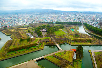 Goryokaku, Japan's first castle was built by French architecture. The shape of the castle is a 5-pointed star is the place to see cherry blossoms in spring, a popular tourist destination in Japan