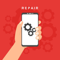 Phone repair with workers and equipment.easy to use and highly customizable. Modern vector illustration concept, isolated on colored background.