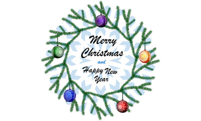 Obraz premium Vector christmas round background with green branches and decorations