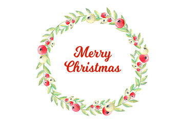 Watercolor Christmas Holly Wreath with letter Merry Christmas on white background