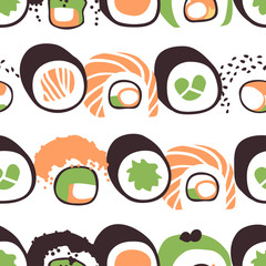 Hand drawn seamless pattern with sea food. Creative ink art work Asian dinner. Actual drawing sushi roll. Vector illustration