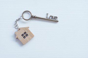 Home shape keyring and love shape key on white background.