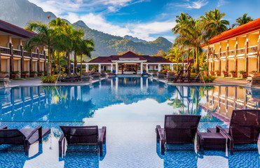 Luxury Tropical Resort by Morning Light - obrazy, fototapety, plakaty