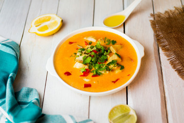 Pumpkin cream soup with fish