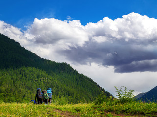 Obraz premium A group of tourists with backpacks walking in the national park. Beautiful and inspiring landscape.