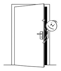 Vector cartoon stick figure drawing conceptual illustration of man or businessman peeping out or looking out the slightly open door.