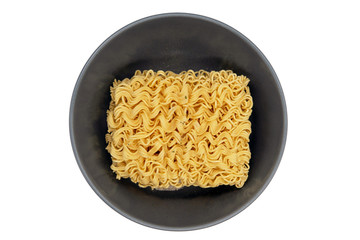 Instant Noodles served in gray plate on white background.