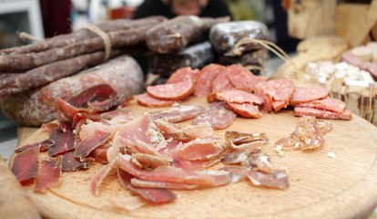 Gourmet meat, smoked salami, pastrami. Appetaizers