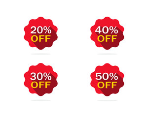 Sale tags set badges template, 20 off, 35 %, 40, 50 percent sale label symbols. Vector discount promotion flat icon with long shadow, clearance sale sticker emblem red rosette.