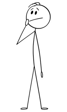 Vector cartoon stick figure drawing conceptual illustration of man or businessman thinking about problem and solution.