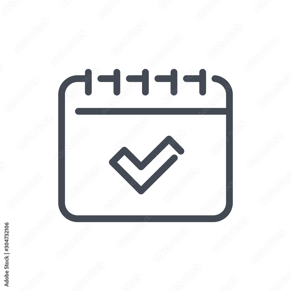 Poster calendar with check mark line icon. data reminder with tick vector outline sign.