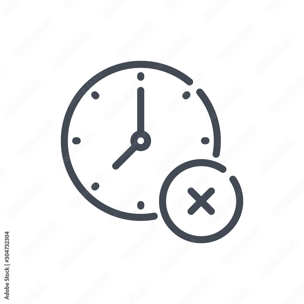 Poster time and clock with decline cross button line icon. remove watch and time management vector outline 
