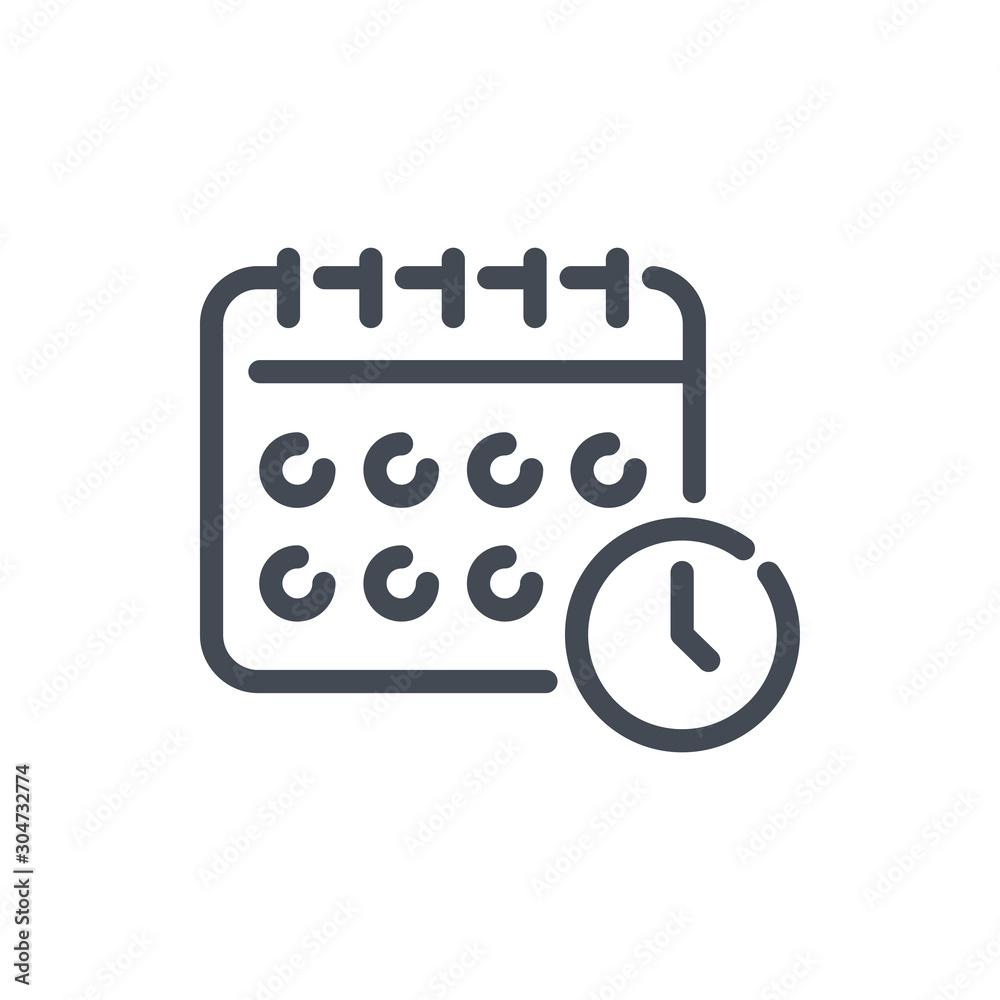 Poster calendar with clock reminder line icon. schedule with time vector outline sign.