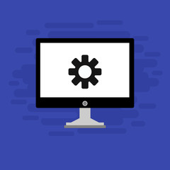 Computer monitor and gears icon isolated. Monitor service concept. Adjusting app, setting options, maintenance, repair, fixing monitor concepts. Set icons colorful. Vector Illustration