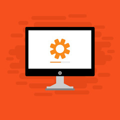 Computer monitor and gears icon isolated. Monitor service concept. Adjusting app, setting options, maintenance, repair, fixing monitor concepts. Set icons colorful. Vector Illustration