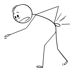 Vector cartoon stick figure drawing conceptual illustration of man suffering pain or backache and holding his injured back.