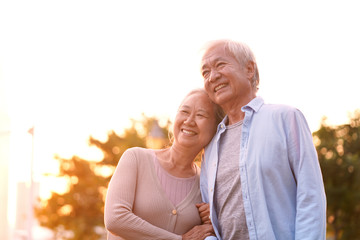 outdoor portrait of happy senior asian couple