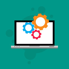 Laptop and gear icon. Laptop service concept. Adjusting app, setting options, maintenance, repair, fixing Vector Illustration