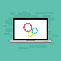 Laptop with gear on screen. Computer repair service, technical support. Flat design. Vector illustration