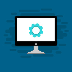 modern Computer monitor and gears. Monitor service concept. Adjusting app, setting options, maintenance, repair, fixing monitor concepts. Set icons colorful. Vector Illustration