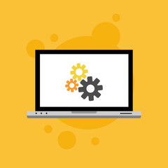 Laptop and gear icon isolated on colored background. Laptop service concept. Adjusting, service, setting, maintenance, repair, fixing. Logo design template element. Vector Illustration