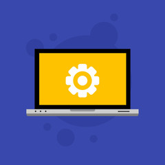 Laptop and gear icon isolated on colored background. Laptop service concept. Adjusting, service, setting, maintenance, repair, fixing. Logo design template element. Vector Illustration