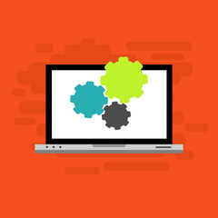 Laptop with gear on screen. Computer repair service, technical support. Flat design. Vector illustration
