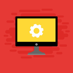 modern Computer monitor and gears. Monitor service concept. Adjusting app, setting options, maintenance, repair, fixing monitor concepts. Set icons colorful. Vector Illustration