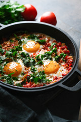 Traditional  shakshuka with eggs, tomato, and parsley in a iron pan on a dark background