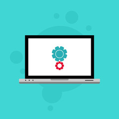 Laptop and gear icon isolated on colored background. Laptop service concept. Adjusting, service, setting, maintenance, repair, fixing. Logo design template element. Vector Illustration