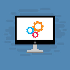 modern Computer monitor and gears. Monitor service concept. Adjusting app, setting options, maintenance, repair, fixing monitor concepts. Set icons colorful. Vector Illustration