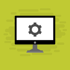 Laptop and gear icon isolated on colored background. Laptop service concept. Adjusting app, setting options, maintenance, repair, fixing. Vector Illustration