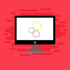Laptop and gear icon isolated on colored background. Laptop service concept. Adjusting app, setting options, maintenance, repair, fixing. Vector Illustration