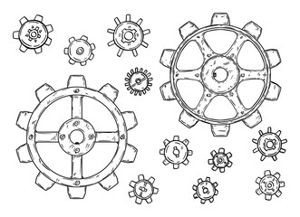 Vector drawing or illustration of set of cogwheels or gearwheels or toothed wheels in black on white background.