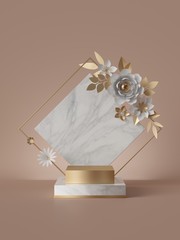 3d render, marble podium, commercial product display pedestal, square arch, paper flowers, floral arrangement, isolated on beige background. Abstract minimal fashion concept, cosmetics poster template