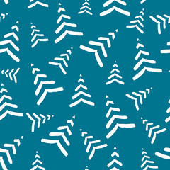 Seamless trend pattern with minimalistic hand drawn white Christmas trees isolated on mosaic blue background. New Year minimal creative concept. Vector illustration. Wallpaper, fabric, textile.